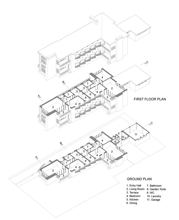 Romberg and Shaw, Glenunga Flats, Armadale, Melbourne, 1940 (built). Drawings by Michael Spooner.