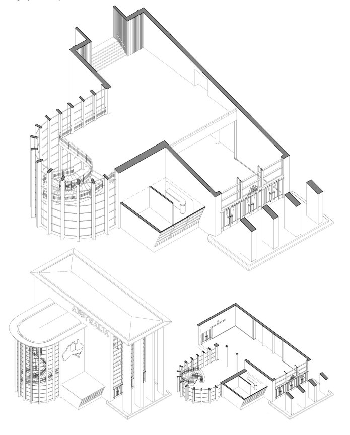 Stephenson and Turner, Australian Pavilion, 1939 New Zealand Centennial Exhibition, Rongotai, (demolished). Romberg retained work with the Melbourne office of Stephenson and Turner soon after his arrival in Australia. Impressed by the graduates confidence Romberg was made job captain for the Australian Pavilion. Drawings by Michael Spooner.