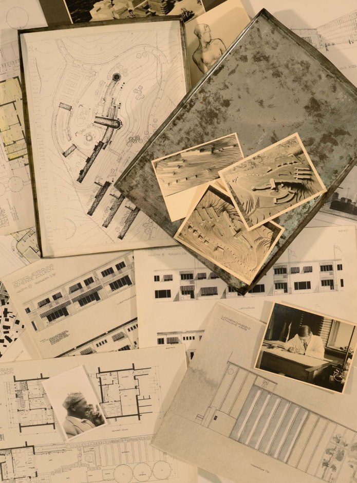 Frederick Romberg, ETH-Z Student Work Tin and contents. Left: Professor Otto Salvisberg on tour with his students in England 1938, sporting a student's pet mouse on his head. Right: Frederick ROmberg as a student at ETH-Zurich.